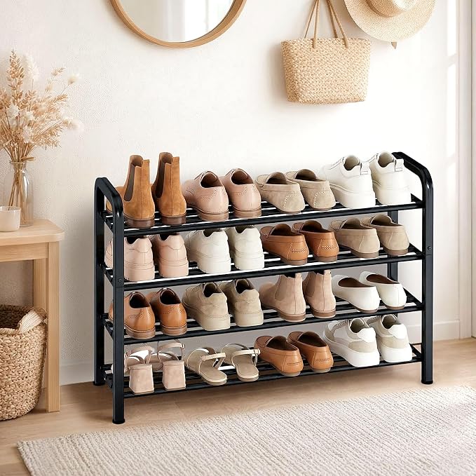STORAGE MANIAC 4-Tier Expandable Shoe Rack, 16 Pairs Adjustable Shoe Shelf for Closet, Entryway, Hallway, Garage, Dorm, Heavy-duty Metal Shoe Organizer for Small Space, Black