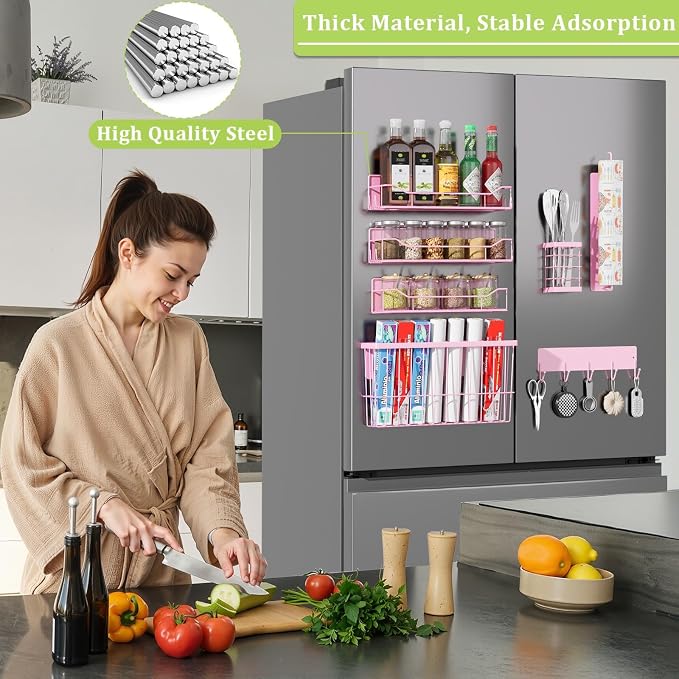 Magnetic Spice Rack for Refrigerator, 7 Pack Magnetic Fridge Shelf for Kitchen Organization Storage, Moveable Spice Organizer W/Paper Towel Holder, Utensil Caddy, Cutting Board Rack (Pink)