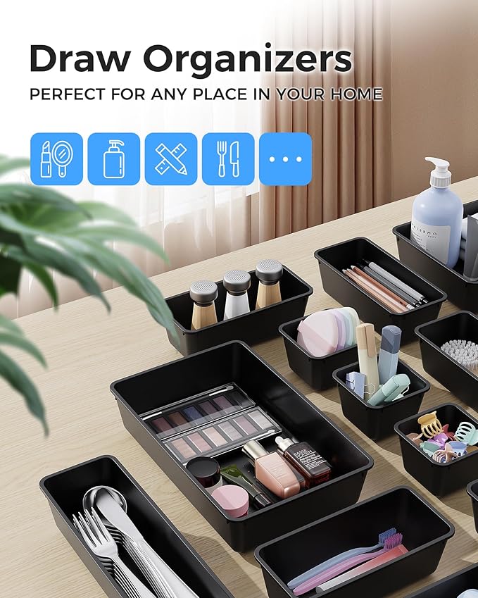 BiuLeon 25 PCS Plastic Drawer Organizers Set, 4-Sizes Vanity and Makeup Organizer, Desk and bathroom Drawer Organizer Trays, Organizers and Storage for Makeup, Jewelry, Gadgets, Utensils (Black)