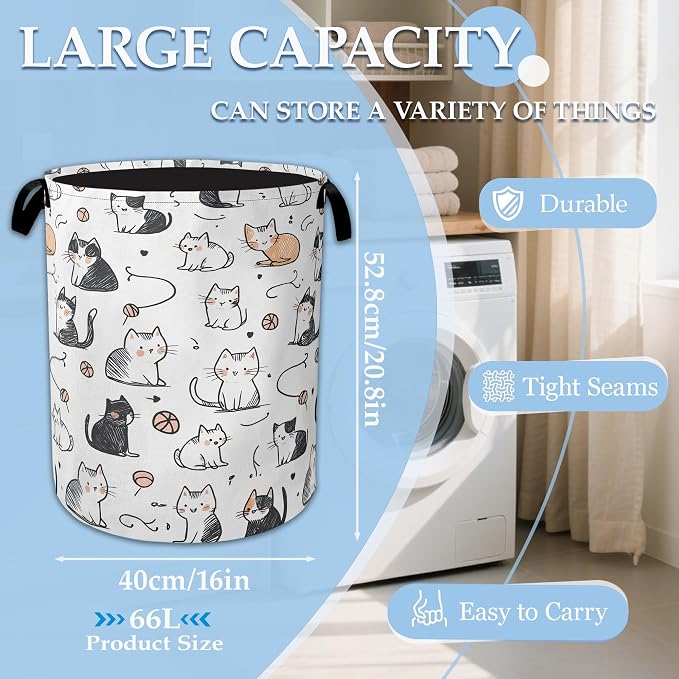 Cartoon Cat Laundry Basket Collapsible Laundry Hamper Oxford Storage Bin for Clothes Storage, Organizer, Books and Sundries 16" X 20.8"
