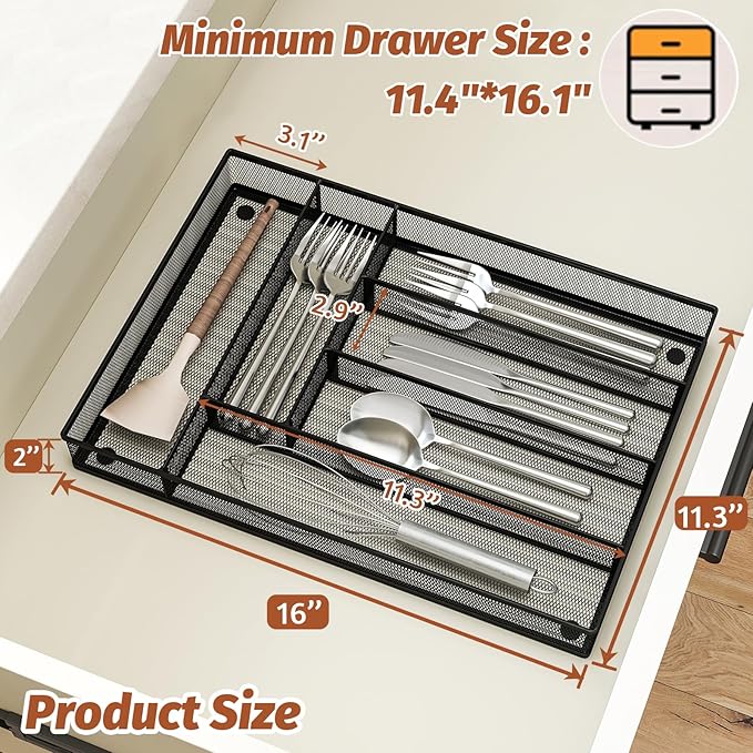 Sedegn Silverware Organizer Metal Mesh, Large Drawer Organizer, Utensil Cutlery Tray for kitchen drawers, Flatware Organizer with 6 Compartment, Black (11.3”*16“)