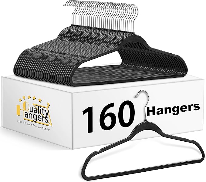 Quality Hangers 160 Pack Plastic Hangers for Clothes - Slim Non-Velvet Hangers with 360° Swivel Chrome Hook & Non Slip Notches - Ideal for Dresses Coats Shirts Jackets & More - Black
