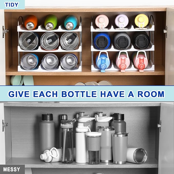LANDNEOO Stackable Water Bottle Organizer Holder - for Stanley & Others' Large Tumbler Organization - White Plastic Wine Rack, Bottle Holder for Home Countertop Fridge Pantry Shelf, 3 Tier Hold 9