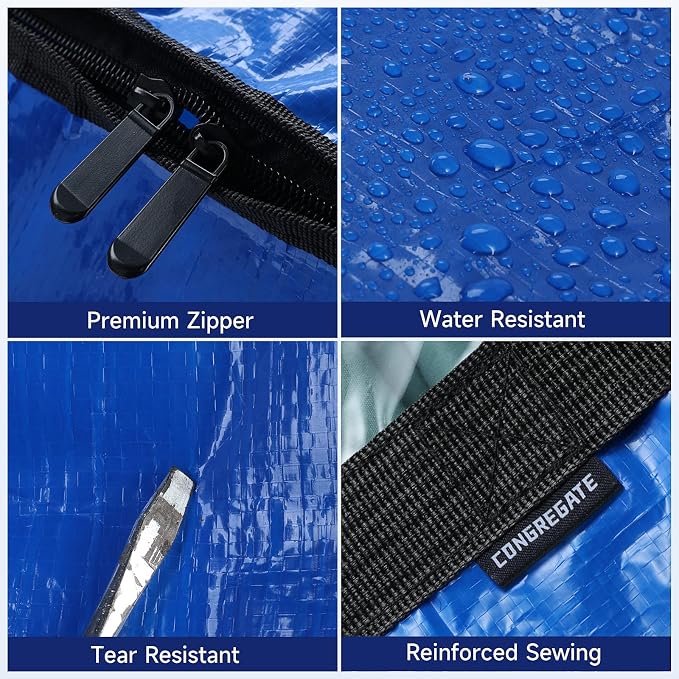 CONGREGATE 8-Pack Heavy Duty Moving Bags, Blue, 28.7"x13.7"x15" | Zippers and Handles, PE Material, Window Design, 97 Liters / 25.6 Gallons