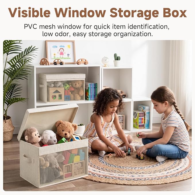 StorageWorks Fabric Storage Bins with Lids, Large Closet Storage Bins | Flip-Top Lid, Clear Window, Handles, Collapsible, for Clothes Blankets Books, Closet Box, Beige, 2-Pack