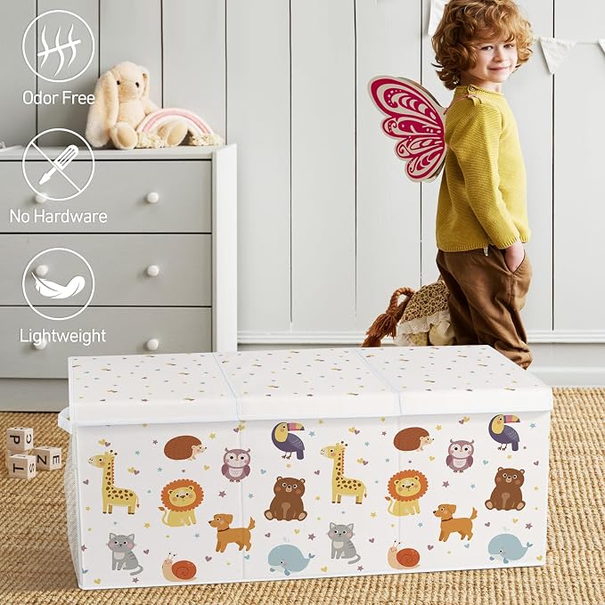 Extra Large Collapsible Toy Box with Lids, Sturdy Storage Organizer for Kids, 38"x16"x13" Toy Chest for Playroom, Nursery, Bedroom, Living Room (Chubby Animals)