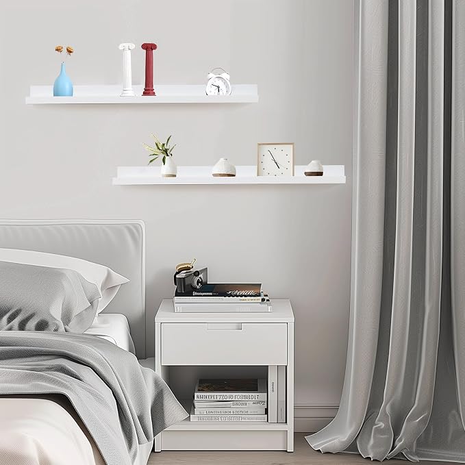 Muzilife 35.4" Large Floating Shelves Wood Wall Shelf with Lip, 2Pcs, White | FSC-Certified Wood | 20 lbs Capacity | Space-Saving | Hanging Shelf | Wall Decor| Bedroom,Living Room,Bathroom,Kitchen,Office