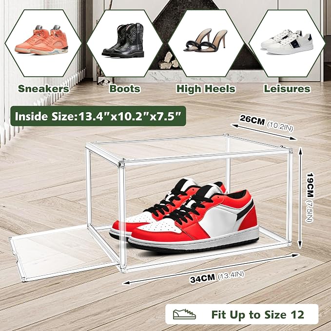 1 Pack Drop Front Acrylic Shoe Boxes with Magnetic Door Size 12, Clear Stackable Shoe Organizers Sneaker Display Cases for Closet, Entryway, Underbed, Multiple Display Cases for Caps, Figures