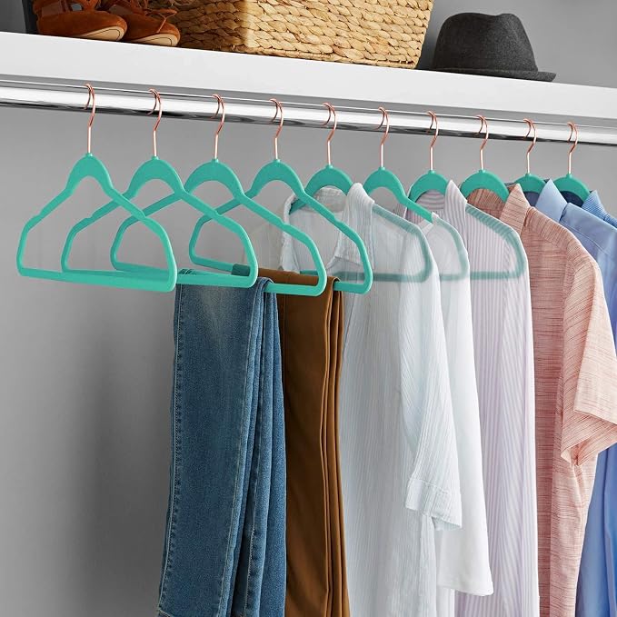 VECELO Premium Velvet Clothes Hangers Suit Heavy Duty (50 Pack)-Non Slip & Space-Saving with 6 Finger Clips & 2Tie Rack Excellent for Men and Women,Light Teal
