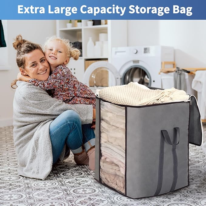 Blanket Storage Bags 120L for Comforter Clothes Bedding Sheet 4 Pack Grey