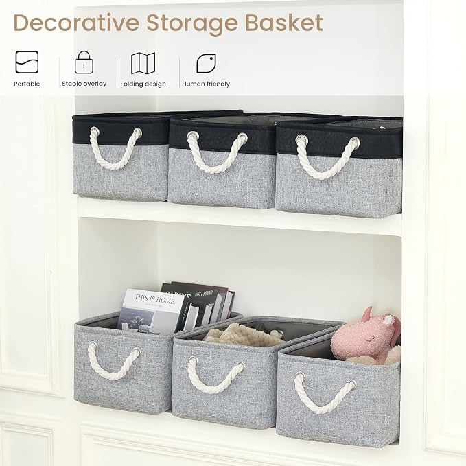 Storage Baskets for Shelves 13.8x9.8x6.7 Inch, Foldable Fabric Storage Bins with Handles, Small Storage Baskets for Organizing Closet, Office, Home Organization (1-Pack, Gray)