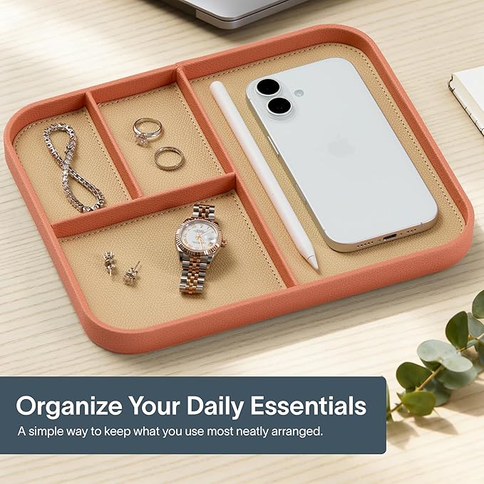 Nordik Leather Valet Tray - Coral Blush Pink - 9.5 x 7.9 Inch Medium Vegan Leather Tray - Stylish Nightstand Organizer for Men - Modern Bedside Caddy - EDC Catchall for Key Watch Wallet Jewellery