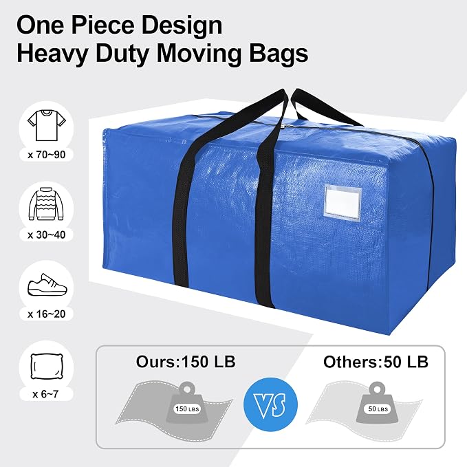 6 Pack Heavy Duty Extra Large Moving Bags W/Backpack Straps - Strong Handles & Zippers, Storage Totes For Space Saving, Fold Flat, Alternative to Box and Bin (40 gal, Multicolor)