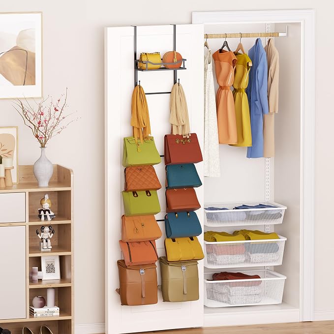 SWTYMIKI Over The Door Purse Organizer - Wall Mounted Purse Rack with 16 Hooks and Metal Basket, Handbag Hanger Organizer Holds up to 16 Bags, Bag Rack Can Use As 1/2 Part, for Door, Closet
