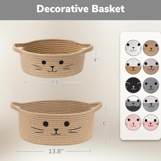 Cute Cat Toy Basket, Gift Baskets Empty for Home Decor, Baby Basket for Baby Shower, Small Cotton Rope Baskets for Pets Toys, White & Grey, 9.8 x 4 inches