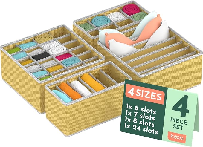 RUBOXA Classic Beige Fabric Drawer Organizer (4 Sizes With 45 Slots) - Foldable Underwear Drawer Organizer - Breathable Bins for Bra, Lingerie, Socks, Scarves, Belt, Tie, Baby Clothes