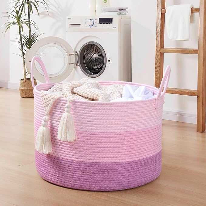 67L Large Woven Blanket Basket, Cotton Rope Baby Laundry Hamper with Handles, Kids Toy Basket for Classroom & Nursery, Soft Round Stuffed Animal Storage, Dog Toy Bin - 20"x13", Pink