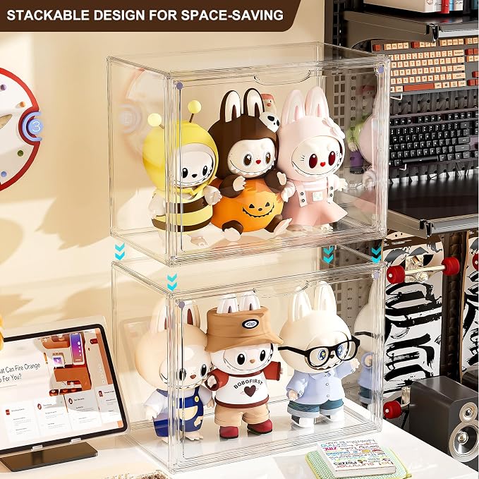 Acrylic Clear Display Case, Stackable Plastic Storage Bins with Shelf, Figure Figurine Hobby Display Case with Magnetic Lid, Large Acrylic Display Box for Collectibles, Figures, 1 Pack