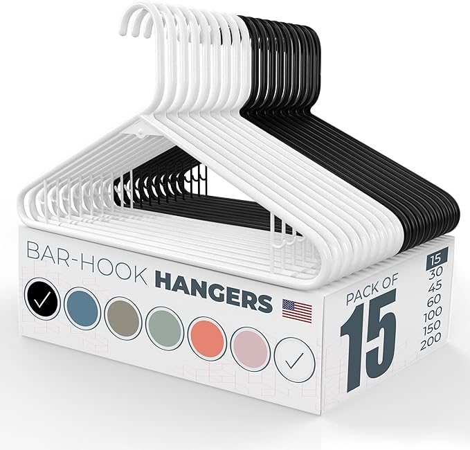 Plastic Hangers 15 Pack - Made in the USA - 6lb Capacity Standard Clothes Hangers with Strap Hooks for Dresses, Lingerie, Shirts, Pants, and Jackets - White & Black