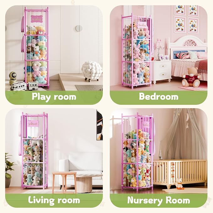 Stuffed Animal Storage & Organizer, 54 inch Tall Wooden Cute Zoo Toy Holder w/Building Block Storage Bag, Premium Wooden Material with Elastic Cord for Toddler Rooms, Playrooms (Pink, Large)