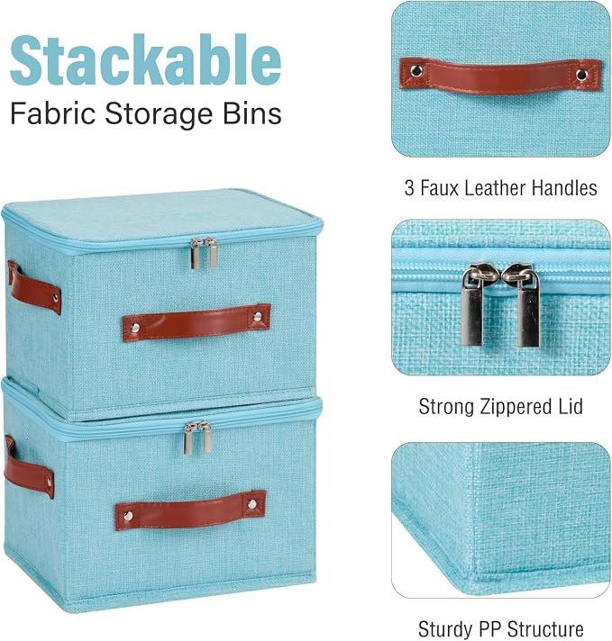 3PCS Storage Bins Boxes with Zippered Lids Cotton Linen Fabric Decorative Basket PU Leather Handles PP Plastic Board Foldable Lidded Clothing Shelf Closet Organizer Container (Blue, Small)