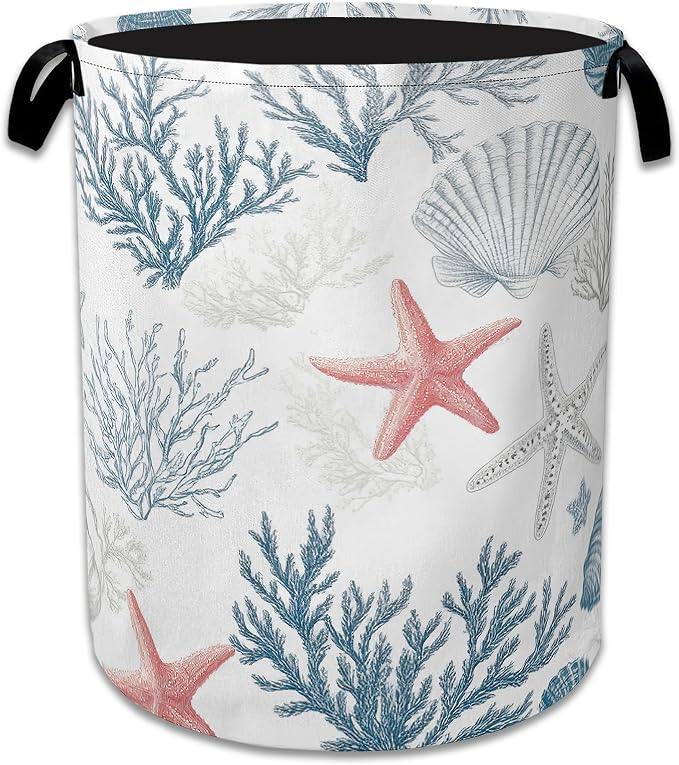 Seashell Starfish Ocean Laundry Basket Collapsible Laundry Hamper with Handle, Oxford Clothes Storage Bin for Bathroom Bedroom Room Decor 16" X 20.8"