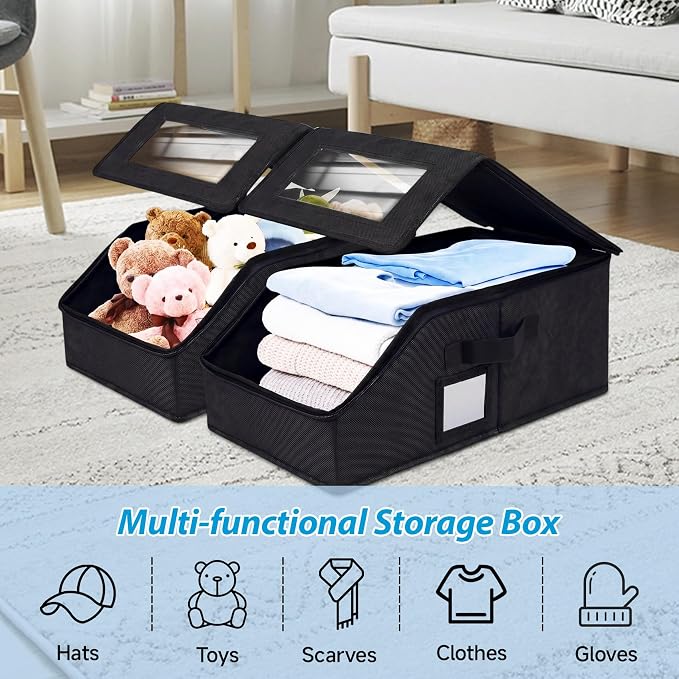 Hat Storage for Caps, 2-Pack Stackable Hat Organizer Boxes, Black | Sturdy snapback hat organizer holds up to 24 caps. Clear window design. Space-saving stackable storage box for closet.
