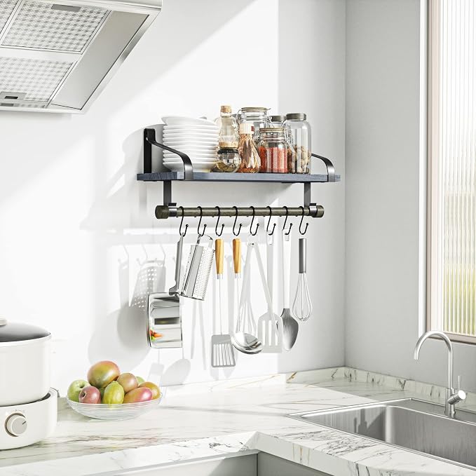Love-KANKEI 17.3"Floating Wall Shelf Wood/Bracket,Coffee Bar,Weathered Grey | Spice Rack,Towel Bar/8 Hooks,40 Lbs/shelf,Easy to Install,For Kitchen,Bathroom,Living Room,Bedroom,Office,Entryway Display