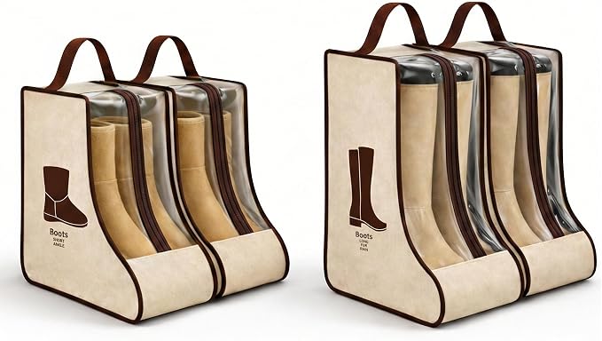 4 Pack Portable Boot Storage Bag,2 Tall & 2 Short Boot Storage Bag with Clear Window, Zipper and Handle, Travel Friendly Shoe Storage for Boots, Closet Organization,Beige