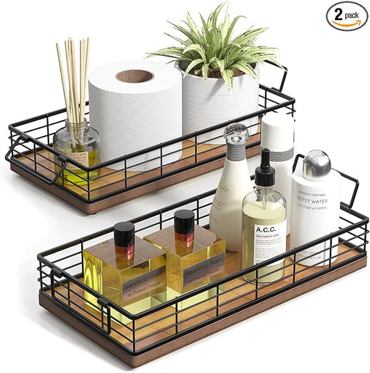 Acacia Toilet Paper Basket 2PCS 13 Inch Bathroom Tank Tray Basket Top of Toilet Storage Toiletries Organizer for Bathroom, Living Room and Kitchen (Acacia & Black)