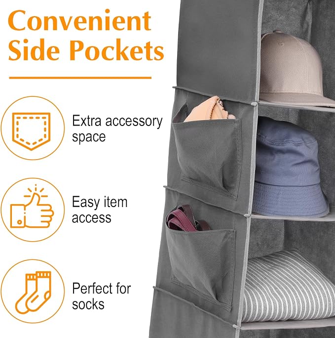 2 Pcs Hanging Closet Organizer, 6-Shelf Storage with 2 Side Pockets and Hooks, for Clothes Sweaters Shoes Accessories, Space-Saving for Dorm RV Small Closet, Grey