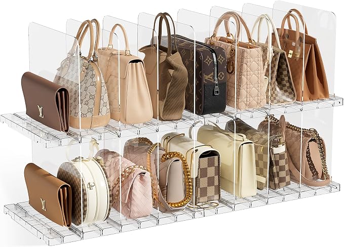 JOYZAN Stackable Purse Organizer for Closet, Adjustable Shelf Dividers for Closet Organizer Clear Acrylic Closet Purse Organizer Detachable Handbag Storage Separator Dividers for Home, Office - 4 Pack