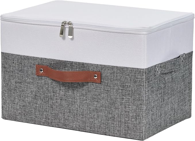 Storage Boxes with Zipper Lid Cotton Linen Fabric Lidded Storage Bins Baskets Foldable Washable Closet Shelf Clothes Organizer Container Faux Leather Handles (Gray White, Large)