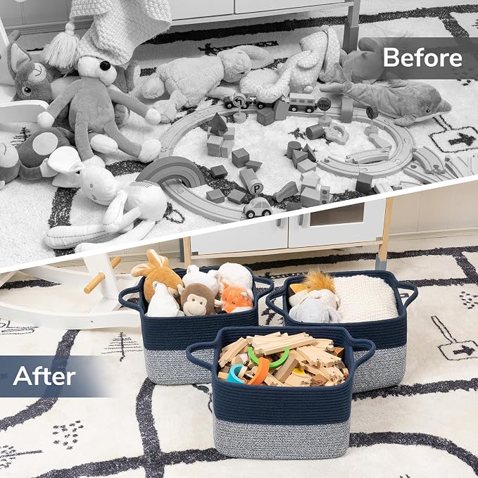 Goodpick Woven Storage Baskets for Organizing, Cotton Rope Organizer for Living Room, Closet Storage Bins for Toys Books, Rectangle Laundry Basket with Handles, 13"x10"x9", Black & Gray