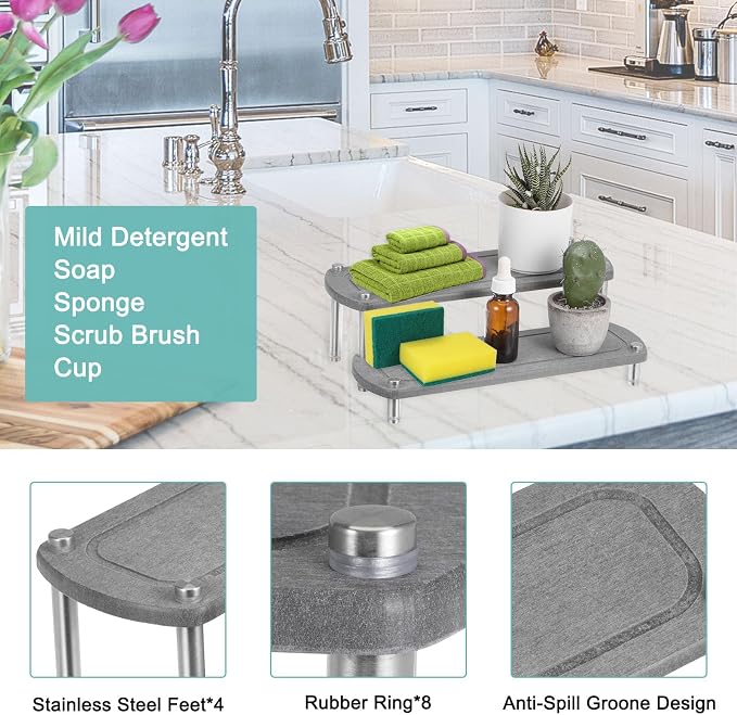 uxcell Modern Dark Grey 2-Tier Instant Dry Sink Organizer, Fast Drying Stone Sink Tray, Countertop Caddy, 30 lb Capacity
