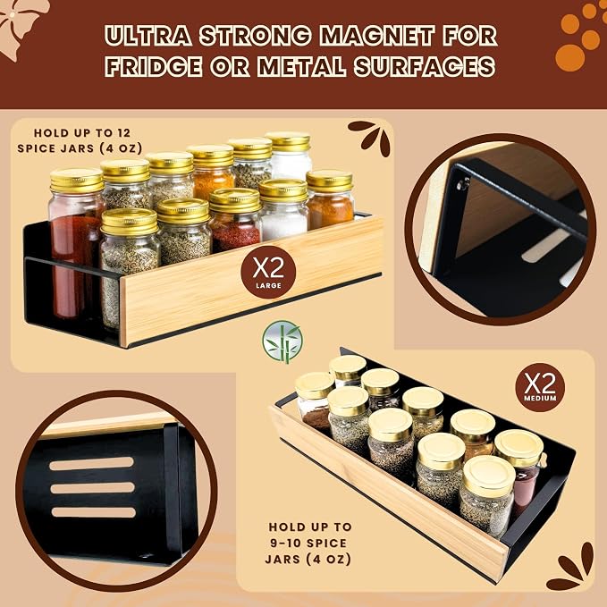 (4 Pack) Magnetic Spice Storage Rack Organizer for Refrigerator and Oven, 4 Strong Magnetic Shelf, Black Fridge Storage, Spice Rack Organizer, Metal-Bamboo