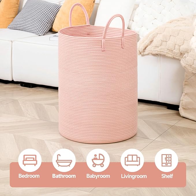 CLHMILY&Z Laundry Hamper Round Storage Rope Basket in Living Room, Bedroom, Laundry Room for Toy, Clothes, Blanket, Pillow (Pink, 80L)