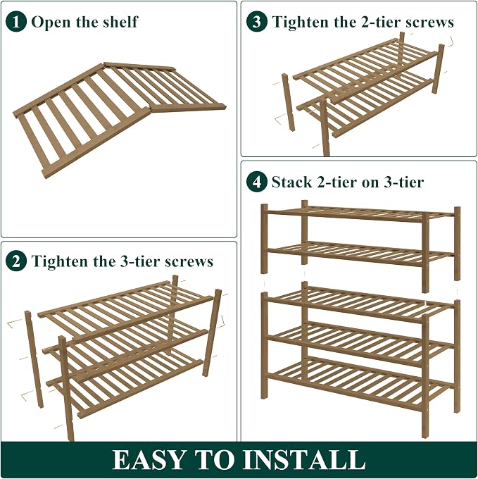 Smiry Bamboo Shoe Rack for Closet, 5 Tier Wooden Shoe Organizer, Stackable Wood Shoe Storage Shelf for Entryway, 14 Vertical Slats, 2+3 Stack Heavy-Duty Legs, 26.77"x11.02"x31.3", Walnut