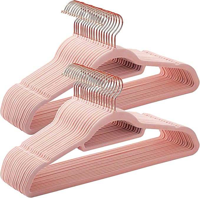 Pink Velvet Hangers 50 Pack - Adult Hangers Rose Gold Hook, Space Saving Non-Slip Clothes Hangers, 16.5 Inch with Tie Bar for Coats,Sweater,Jackets,Dresses, Shirts, Suits & T-Shirts