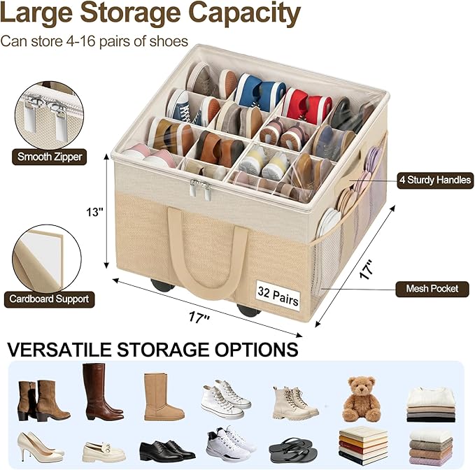 2 Pack Large Shoe Organizer for Closet, 32 Pairs Shoe Storage Box with 360° Wheels & Reinforced Handles, Adjustable Dividers, Clear Cover, Side Pocket, Foldable Oxford Fabric Bin for Entryway, Beige