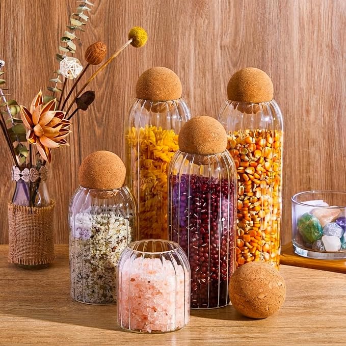 Suclain 5 Pack Glass Jar Set Food Tank with Spherical Cork Cute Ball 4 Sizes Candy Jars Clear Coffee Canister Airtight for Kitchen Bottle Holder Serving Spice Sugar Tea(Vertical Pattern Style)