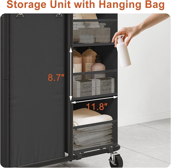 WOWLIVE Laundry Sorter with Wheels, 100L Rolling Laundry Hamper | Laundry Cart with Steel Frame, Laundry Basket with Hanging and Removable Bag, Storage Unit Basket Organizer for Dorm, Black