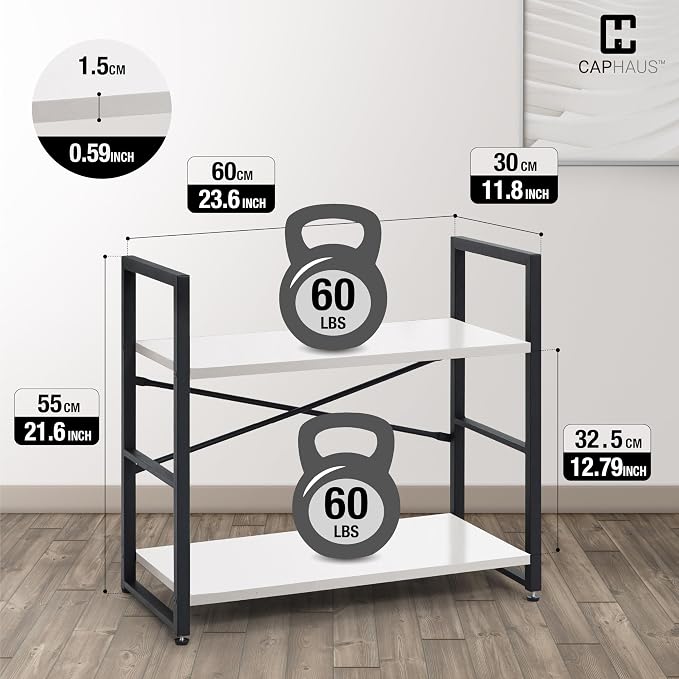 CAPHAUS 2 Tier Small Bookshelf, 24 Inch Width Free Standing Shelf, Bookcase Shelf Storage Organizer, Industrial Book Shelves for Home Office, Living Room, White Shelves & Metal Frame