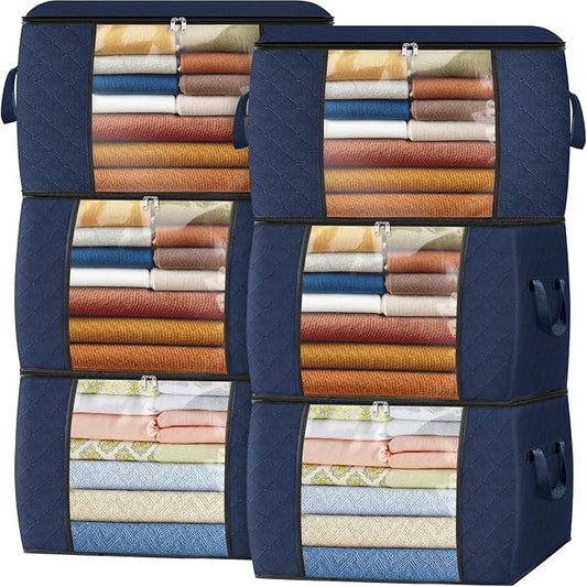 Fab totes 24 Gallons Clothes Storage,Foldable Thick Fabric Blanket Storage Bags,Containers for Organizing Bedroom, Closet, Clothing, Comforter,Organization with Handle (6 Pack,Blue)