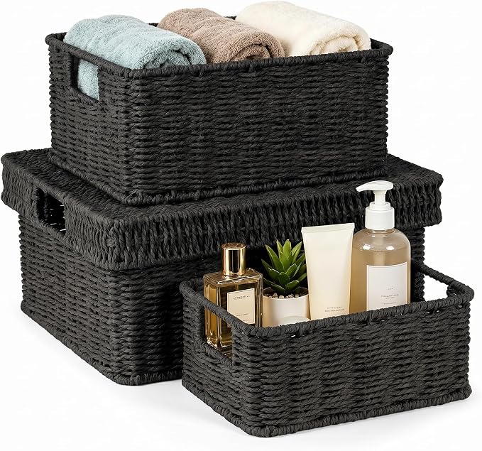 Wicker Storage Basket with Lid - Woven Basket for Storage,Rectangular Decorative Boxes Bins with Lids for Shelves,living room, Nursery, 3 baskets+1 lids(Black)