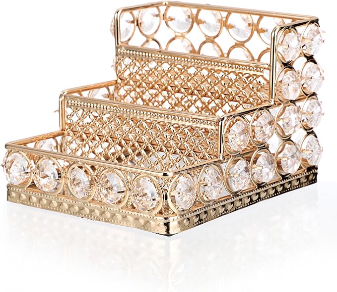 Hipiwe Crystal Business Card Holder - 3 Tiers Gold Mirrored Name Card Display Stand Desktop Business Card Storage Organizer for Office Desk, Holds 120 Business Cards
