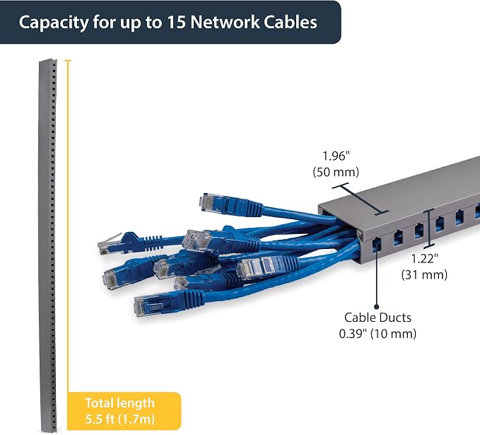 StarTech.com 5.6ft Server Rack Cable Management - Customizable 2in x 1in Open Slot Network & Data Finger Duct Wire Raceway Organizer w/Cover (AD105X1) (Pack of 3)