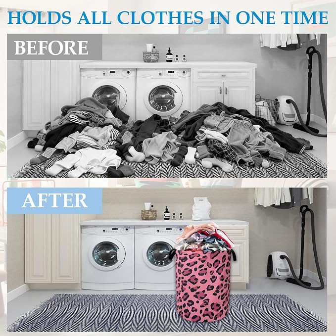 Pink Leopard Laundry Basket Collapsible Laundry Hamper Clothes Storage Bin for Bathroom Bedroom Room Decor 16" X 20.8"