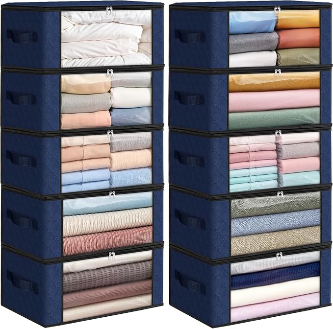 Fab totes 35L Closet Organizers and Storage, Foldable Under Bed Storage Containers, Storage bags for Organizing Bedroom, Closet, Clothing,Organization with Handle (10 Pack,Blue)