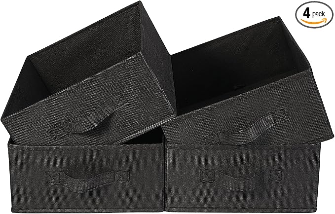 JAKAGO Fabric Storage Bins set of 4 Rectangle Storage Baskets with Handle Foldable Closet Organizer for Clothes Towel bedding Books Collapsible Clothing Container for Shelves Bedroom(Black Low)